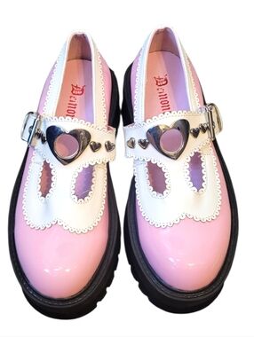 Demonia Slacker Pink & White Heart Mary Jane Platform Shoes Women's Size 7